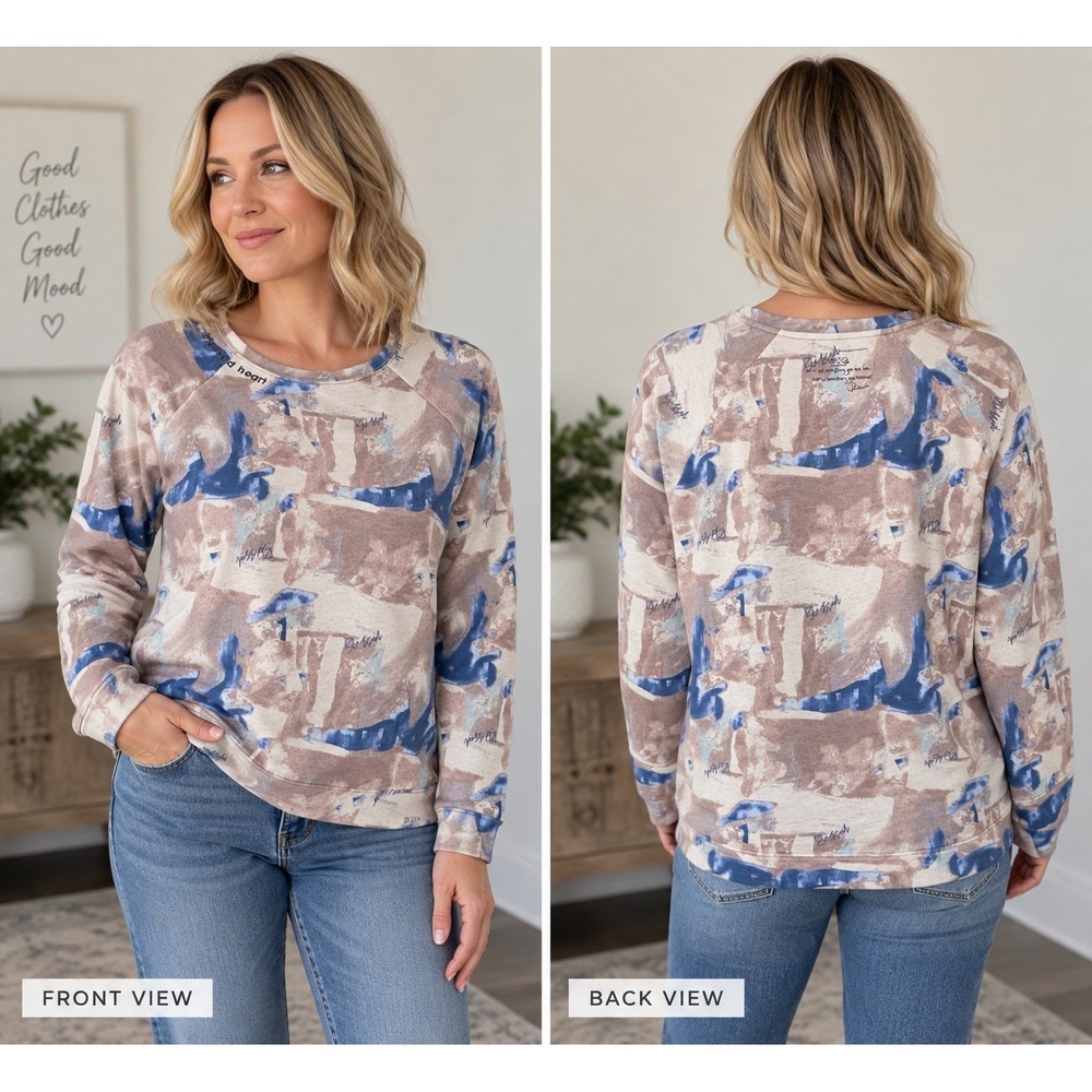 Peace Love World Sweatshirt M Abstract Brushstroke Print Blue Dusty Mauve Cozy